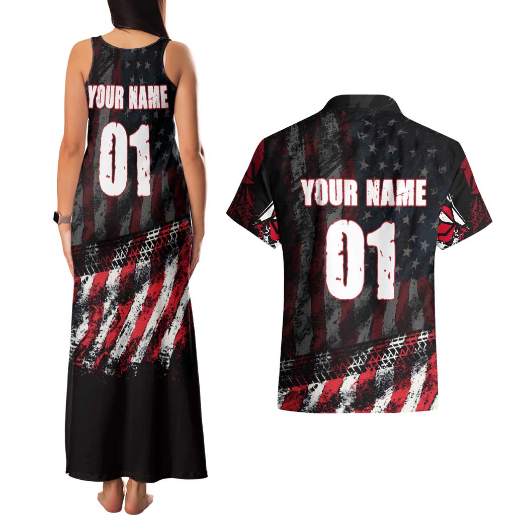 Motocross Rider Couples Matching Tank Maxi Dress and Hawaiian Shirt with American Flag Background and Extreme Text in Red and Black Grunge Design - Wonder Print Shop