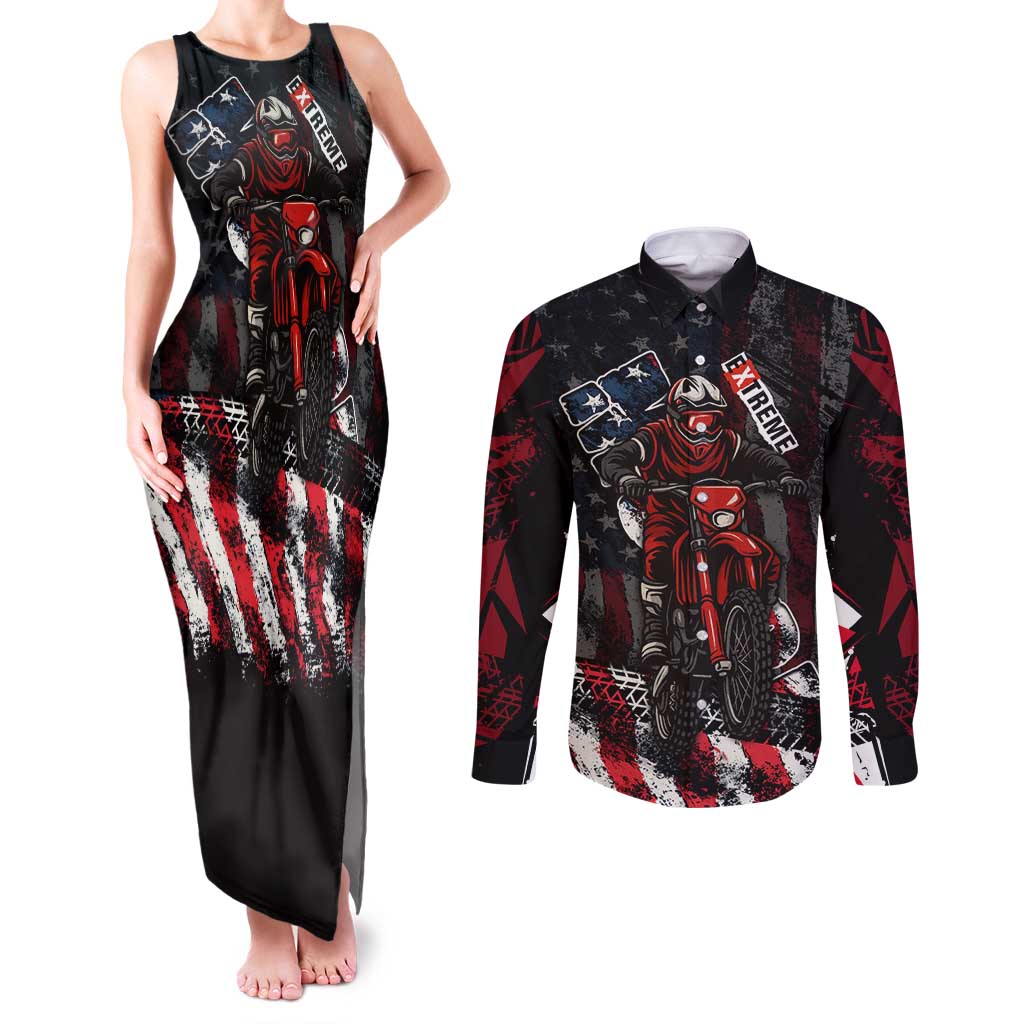 Motocross Rider Couples Matching Tank Maxi Dress and Long Sleeve Button Shirt with American Flag Background and Extreme Text in Red and Black Grunge Design - Wonder Print Shop