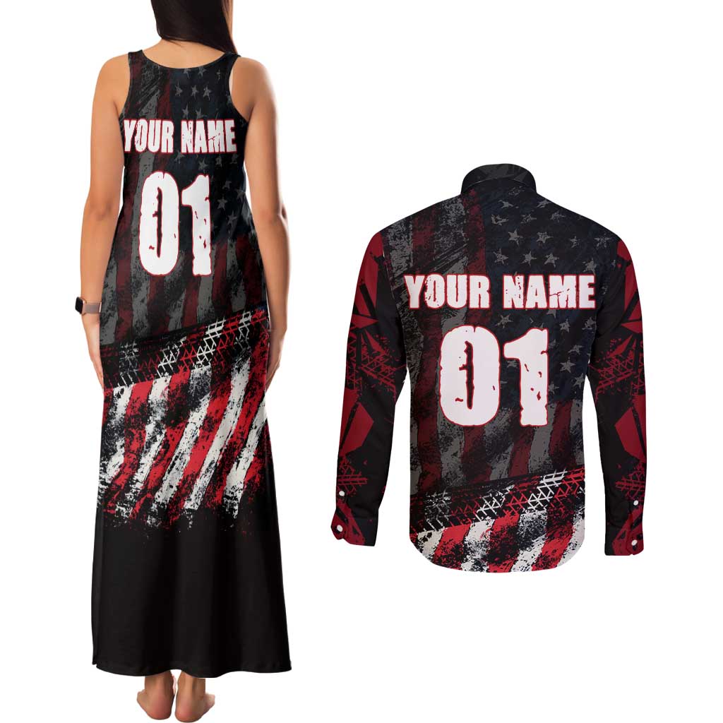 Motocross Rider Couples Matching Tank Maxi Dress and Long Sleeve Button Shirt with American Flag Background and Extreme Text in Red and Black Grunge Design - Wonder Print Shop