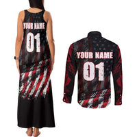 Motocross Rider Couples Matching Tank Maxi Dress and Long Sleeve Button Shirt with American Flag Background and Extreme Text in Red and Black Grunge Design - Wonder Print Shop
