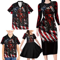 Motocross Rider Family Matching Long Sleeve Bodycon Dress and Hawaiian Shirt with American Flag Background and Extreme Text in Red and Black Grunge Design - Wonder Print Shop