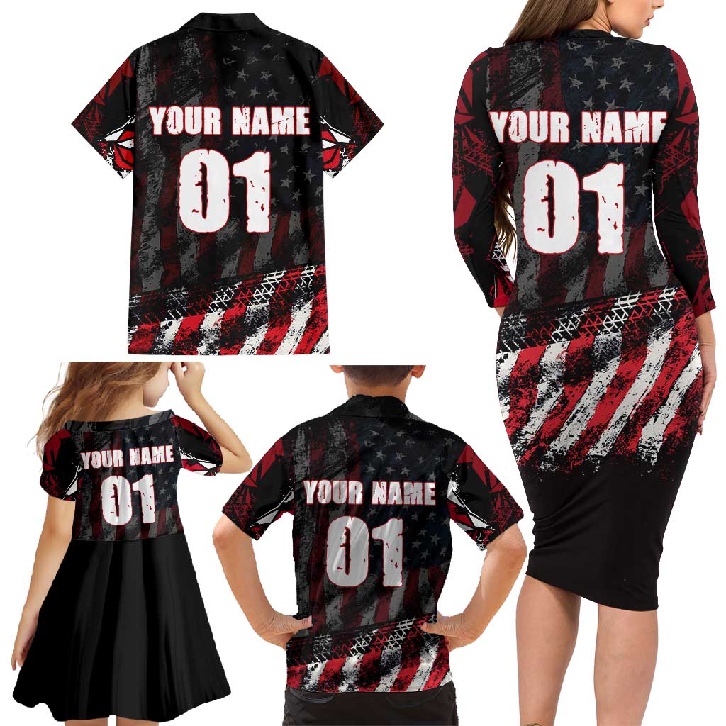 Motocross Rider Family Matching Long Sleeve Bodycon Dress and Hawaiian Shirt with American Flag Background and Extreme Text in Red and Black Grunge Design - Wonder Print Shop