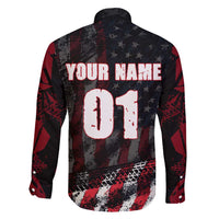 Motocross Rider Family Matching Long Sleeve Bodycon Dress and Hawaiian Shirt with American Flag Background and Extreme Text in Red and Black Grunge Design - Wonder Print Shop