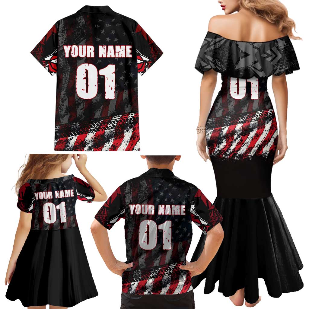 Motocross Rider Family Matching Mermaid Dress and Hawaiian Shirt with American Flag Background and Extreme Text in Red and Black Grunge Design - Wonder Print Shop