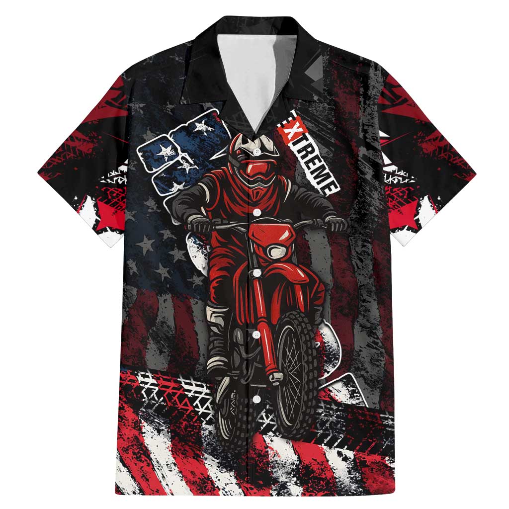 Motocross Rider Family Matching Mermaid Dress and Hawaiian Shirt with American Flag Background and Extreme Text in Red and Black Grunge Design - Wonder Print Shop