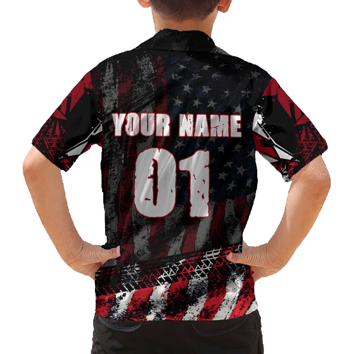 Motocross Rider Family Matching Off The Shoulder Long Sleeve Dress and Hawaiian Shirt with American Flag Background and Extreme Text in Red and Black Grunge Design - Wonder Print Shop