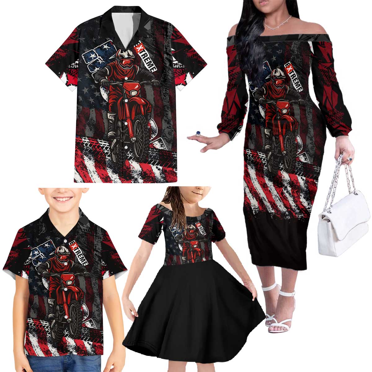 Motocross Rider Family Matching Off The Shoulder Long Sleeve Dress and Hawaiian Shirt with American Flag Background and Extreme Text in Red and Black Grunge Design - Wonder Print Shop