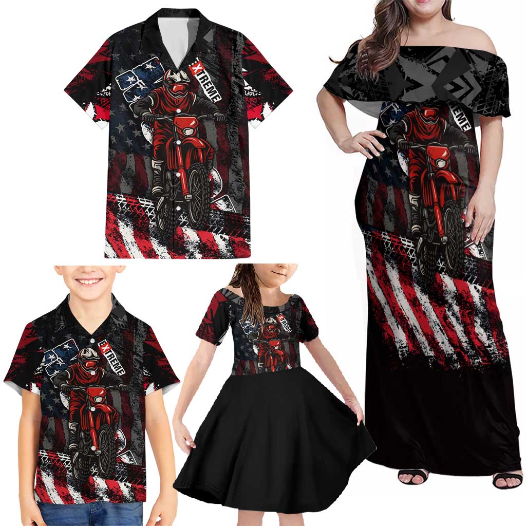 Motocross Rider Family Matching Off Shoulder Maxi Dress and Hawaiian Shirt with American Flag Background and Extreme Text in Red and Black Grunge Design - Wonder Print Shop