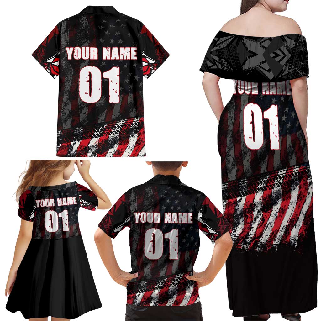 Motocross Rider Family Matching Off Shoulder Maxi Dress and Hawaiian Shirt with American Flag Background and Extreme Text in Red and Black Grunge Design - Wonder Print Shop