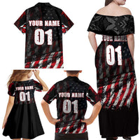 Motocross Rider Family Matching Off Shoulder Maxi Dress and Hawaiian Shirt with American Flag Background and Extreme Text in Red and Black Grunge Design - Wonder Print Shop