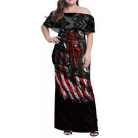 Motocross Rider Family Matching Off Shoulder Maxi Dress and Hawaiian Shirt with American Flag Background and Extreme Text in Red and Black Grunge Design - Wonder Print Shop