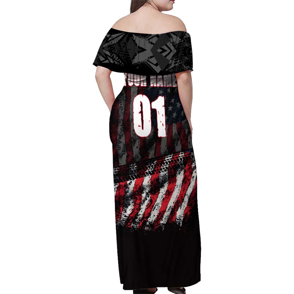Motocross Rider Family Matching Off Shoulder Maxi Dress and Hawaiian Shirt with American Flag Background and Extreme Text in Red and Black Grunge Design - Wonder Print Shop