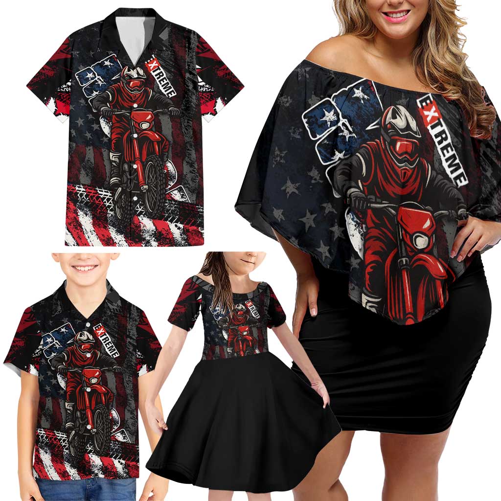 Motocross Rider Family Matching Off Shoulder Short Dress and Hawaiian Shirt with American Flag Background and Extreme Text in Red and Black Grunge Design - Wonder Print Shop