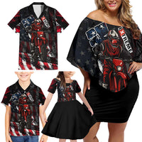 Motocross Rider Family Matching Off Shoulder Short Dress and Hawaiian Shirt with American Flag Background and Extreme Text in Red and Black Grunge Design - Wonder Print Shop