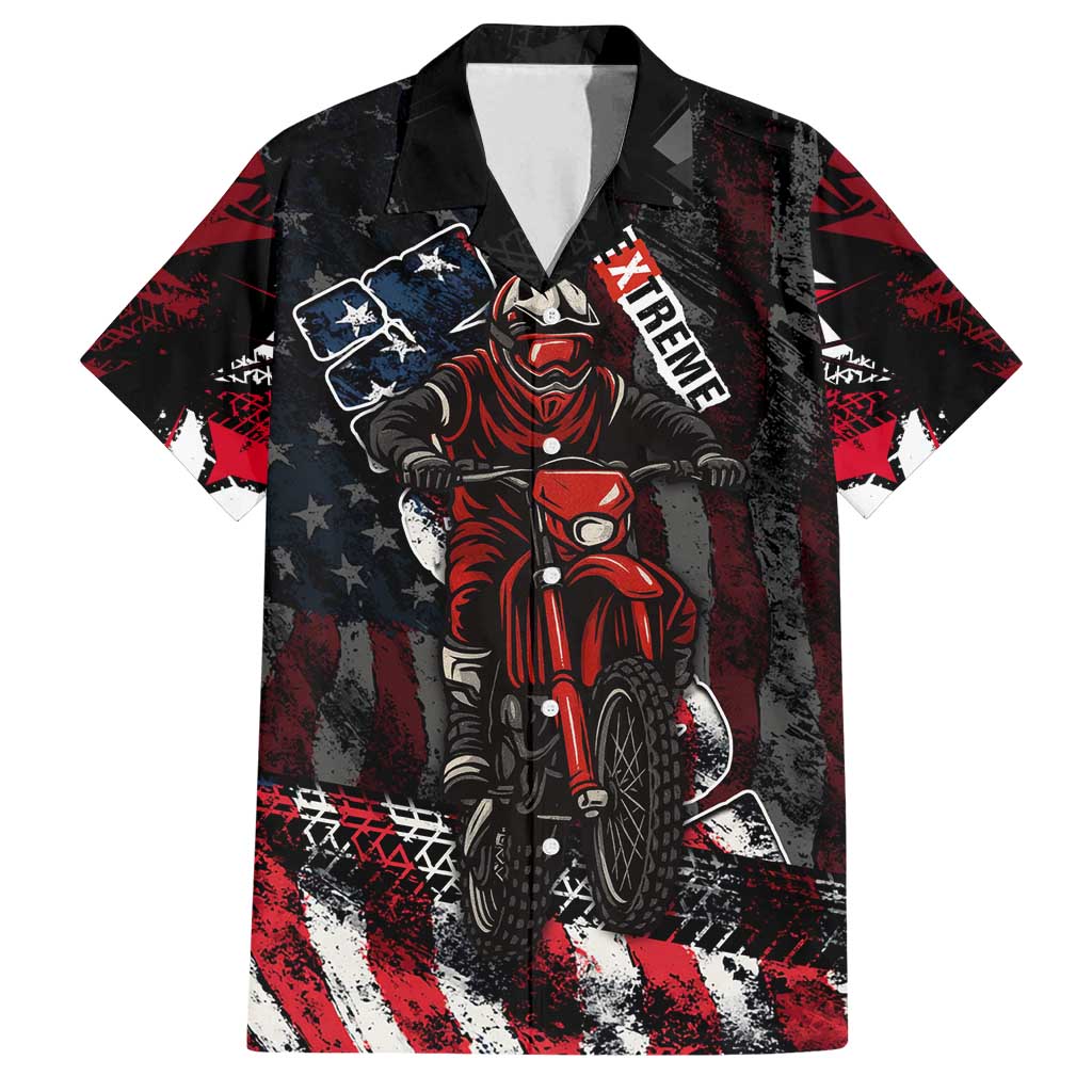 Motocross Rider Family Matching Off Shoulder Short Dress and Hawaiian Shirt with American Flag Background and Extreme Text in Red and Black Grunge Design - Wonder Print Shop