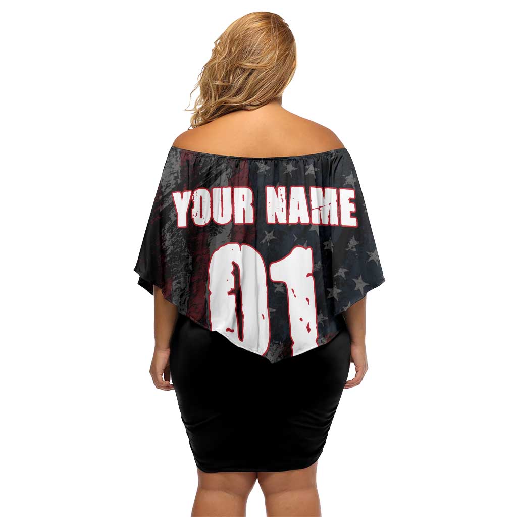 Motocross Rider Family Matching Off Shoulder Short Dress and Hawaiian Shirt with American Flag Background and Extreme Text in Red and Black Grunge Design - Wonder Print Shop
