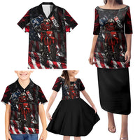 Motocross Rider Family Matching Puletasi and Hawaiian Shirt with American Flag Background and Extreme Text in Red and Black Grunge Design - Wonder Print Shop