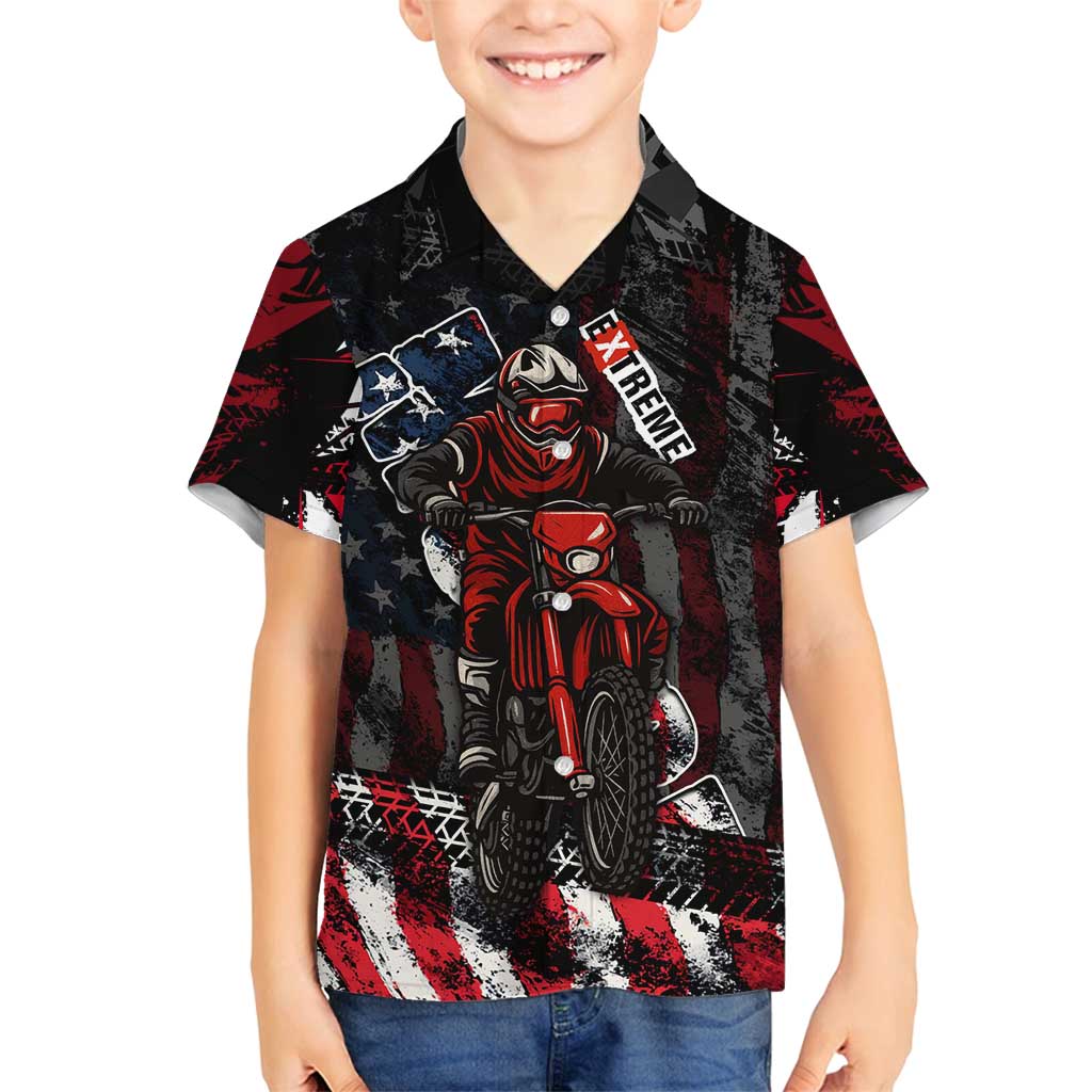 Motocross Rider Family Matching Puletasi and Hawaiian Shirt with American Flag Background and Extreme Text in Red and Black Grunge Design - Wonder Print Shop