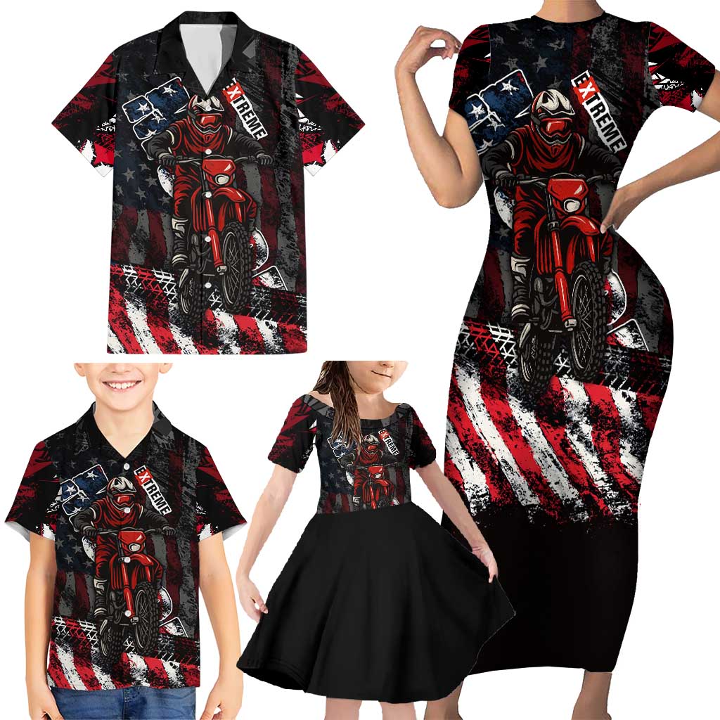 Motocross Rider Family Matching Short Sleeve Bodycon Dress and Hawaiian Shirt with American Flag Background and Extreme Text in Red and Black Grunge Design - Wonder Print Shop