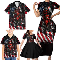 Motocross Rider Family Matching Short Sleeve Bodycon Dress and Hawaiian Shirt with American Flag Background and Extreme Text in Red and Black Grunge Design - Wonder Print Shop