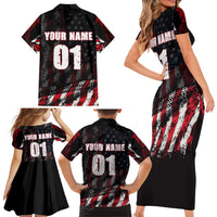 Motocross Rider Family Matching Short Sleeve Bodycon Dress and Hawaiian Shirt with American Flag Background and Extreme Text in Red and Black Grunge Design - Wonder Print Shop