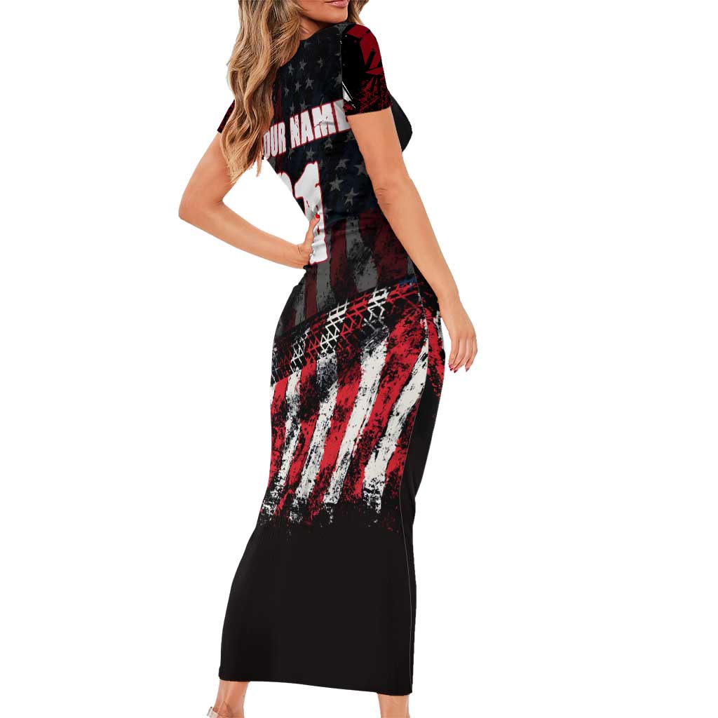 Motocross Rider Family Matching Short Sleeve Bodycon Dress and Hawaiian Shirt with American Flag Background and Extreme Text in Red and Black Grunge Design - Wonder Print Shop