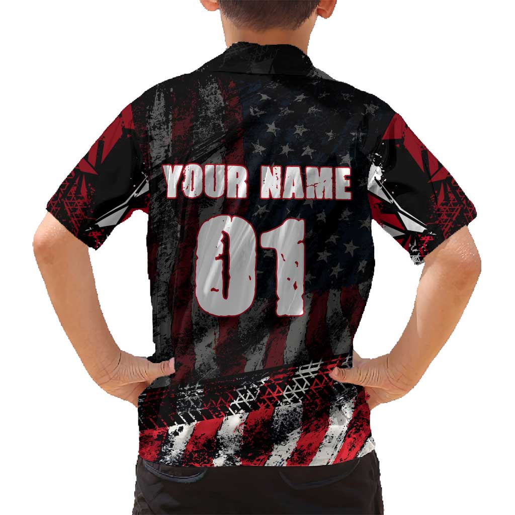 Motocross Rider Family Matching Summer Maxi Dress and Hawaiian Shirt with American Flag Background and Extreme Text in Red and Black Grunge Design - Wonder Print Shop