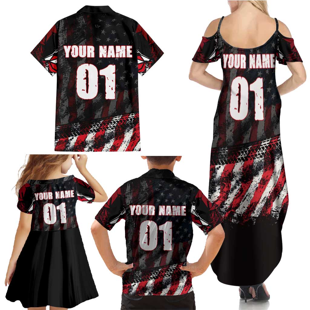 Motocross Rider Family Matching Summer Maxi Dress and Hawaiian Shirt with American Flag Background and Extreme Text in Red and Black Grunge Design - Wonder Print Shop