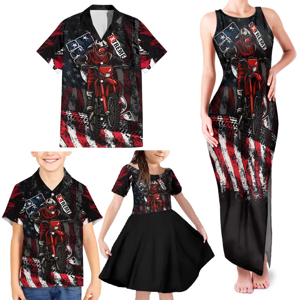 Motocross Rider Family Matching Tank Maxi Dress and Hawaiian Shirt with American Flag Background and Extreme Text in Red and Black Grunge Design - Wonder Print Shop