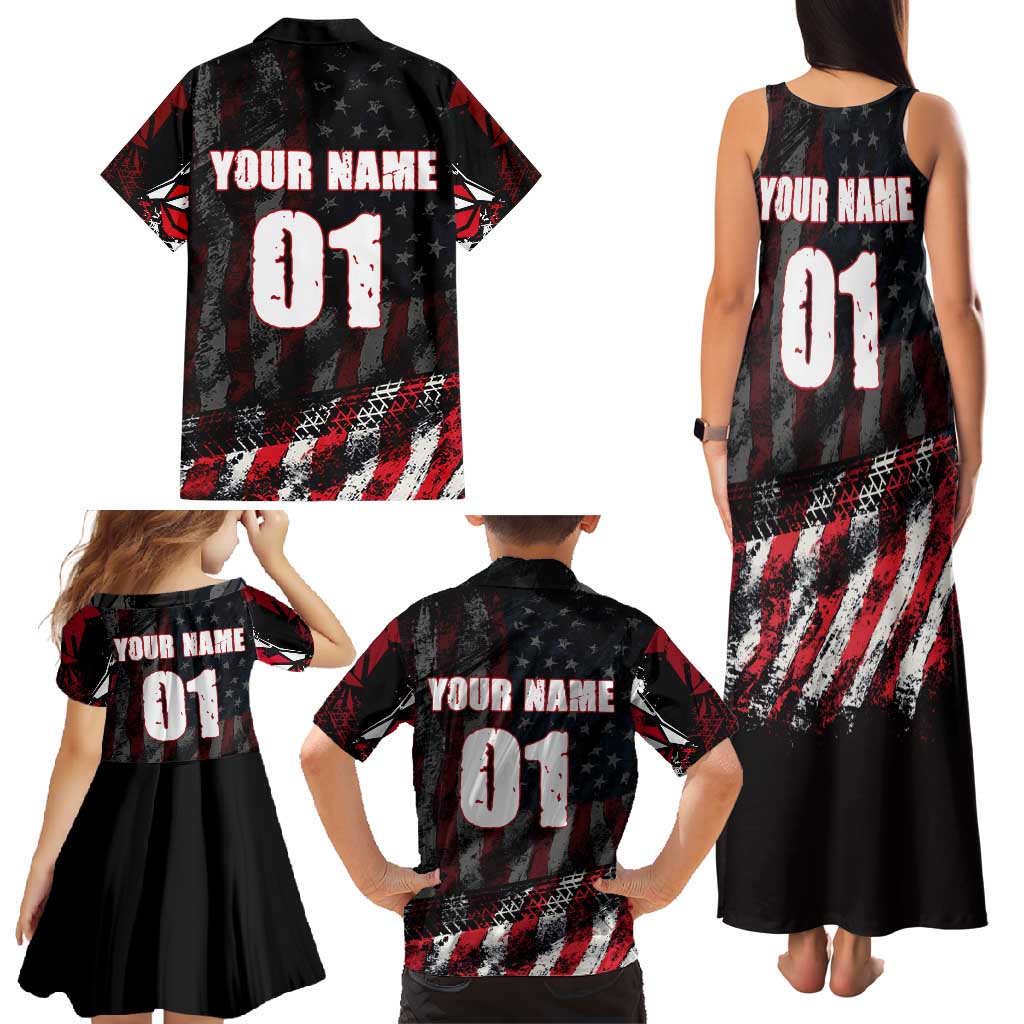 Motocross Rider Family Matching Tank Maxi Dress and Hawaiian Shirt with American Flag Background and Extreme Text in Red and Black Grunge Design - Wonder Print Shop