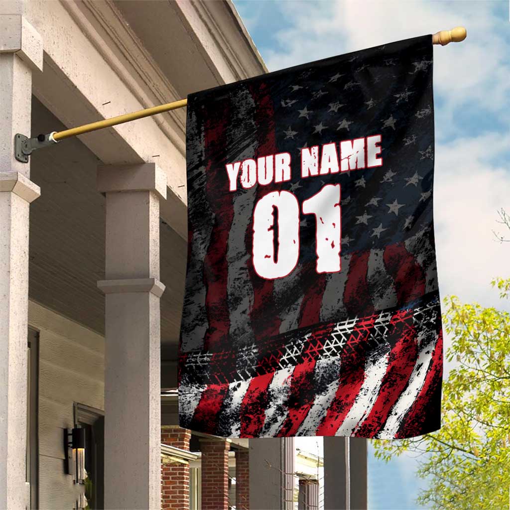 Motocross Rider Garden Flag with American Flag Background and Extreme Text in Red and Black Grunge Design - Wonder Print Shop