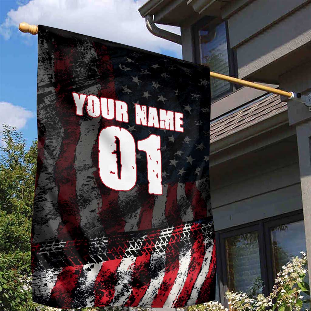 Motocross Rider Garden Flag with American Flag Background and Extreme Text in Red and Black Grunge Design - Wonder Print Shop