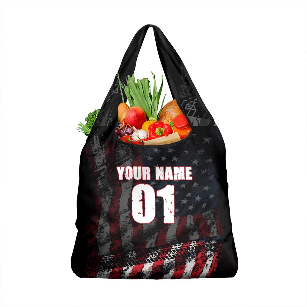 Motocross Rider Grocery Bag with American Flag Background and Extreme Text in Red and Black Grunge Design - Wonder Print Shop