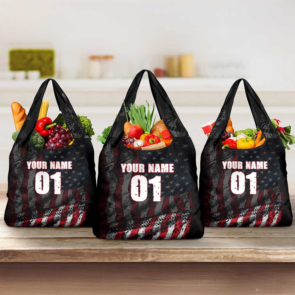Motocross Rider Grocery Bag with American Flag Background and Extreme Text in Red and Black Grunge Design - Wonder Print Shop