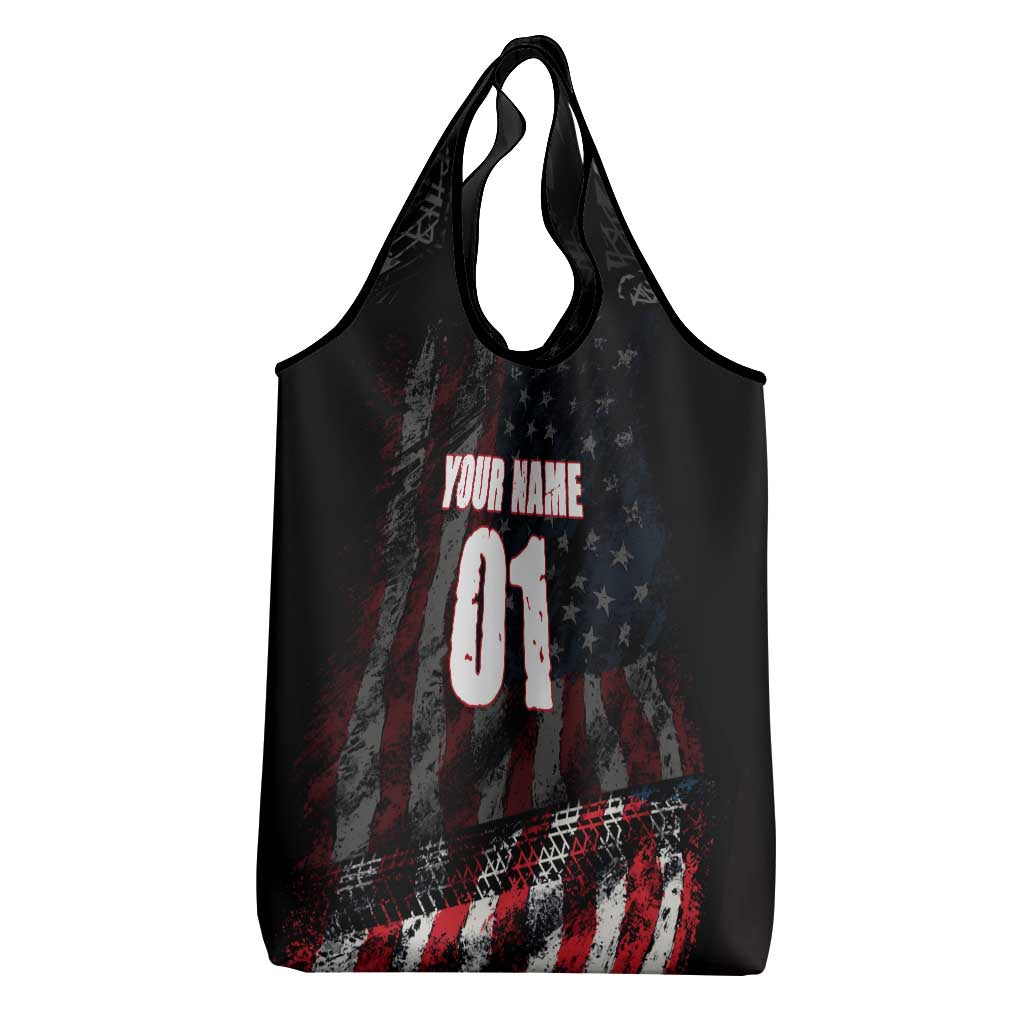 Motocross Rider Grocery Bag with American Flag Background and Extreme Text in Red and Black Grunge Design - Wonder Print Shop