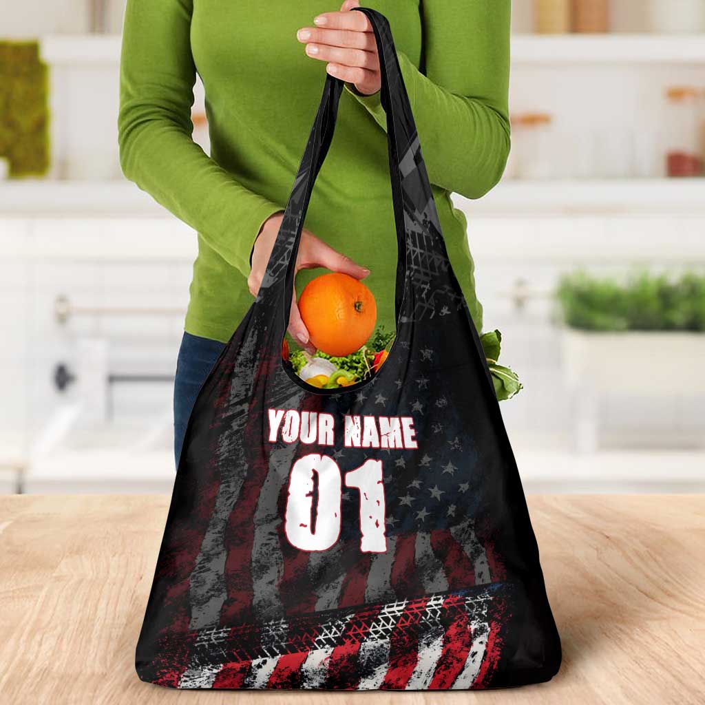Motocross Rider Grocery Bag with American Flag Background and Extreme Text in Red and Black Grunge Design - Wonder Print Shop