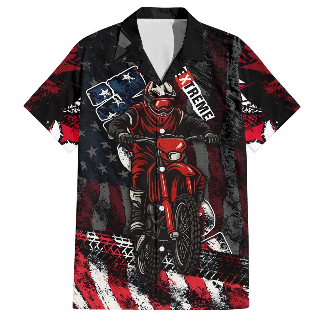 Motocross Rider Hawaiian Shirt with American Flag Background and Extreme Text in Red and Black Grunge Design - Wonder Print Shop