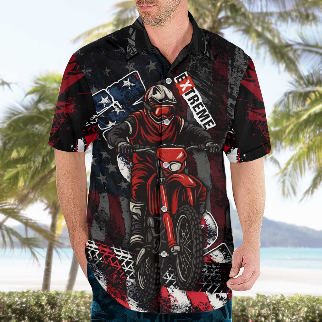 Motocross Rider Hawaiian Shirt with American Flag Background and Extreme Text in Red and Black Grunge Design - Wonder Print Shop