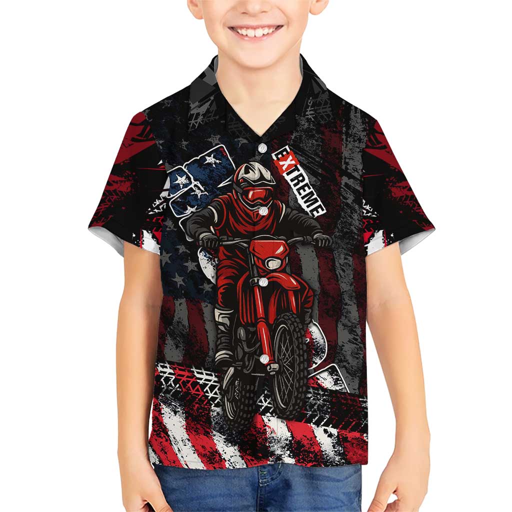 Motocross Rider Hawaiian Shirt with American Flag Background and Extreme Text in Red and Black Grunge Design - Wonder Print Shop