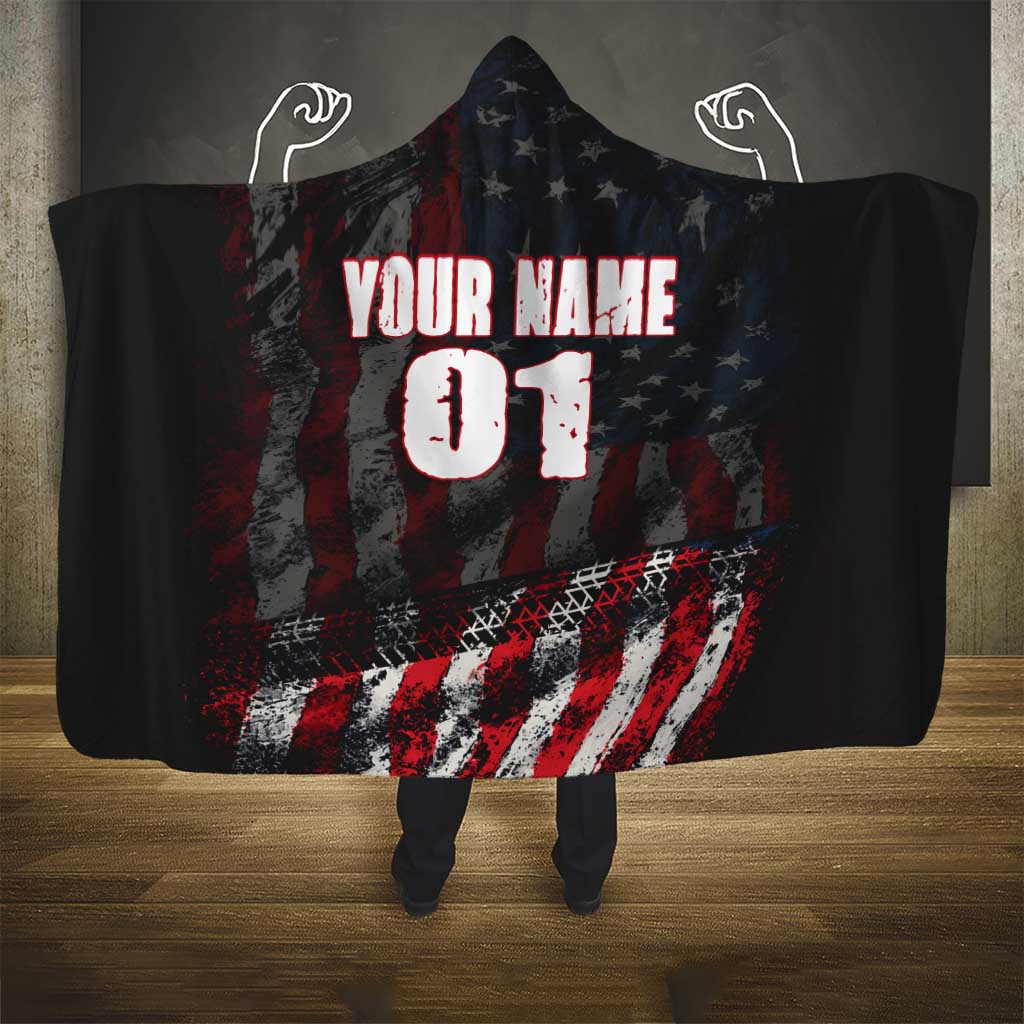 Motocross Rider Hooded Blanket with American Flag Background and Extreme Text in Red and Black Grunge Design - Wonder Print Shop