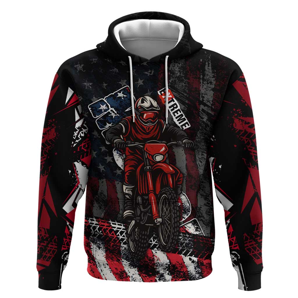 Motocross Rider Hoodie with American Flag Background and Extreme Text in Red and Black Grunge Design - Wonder Print Shop