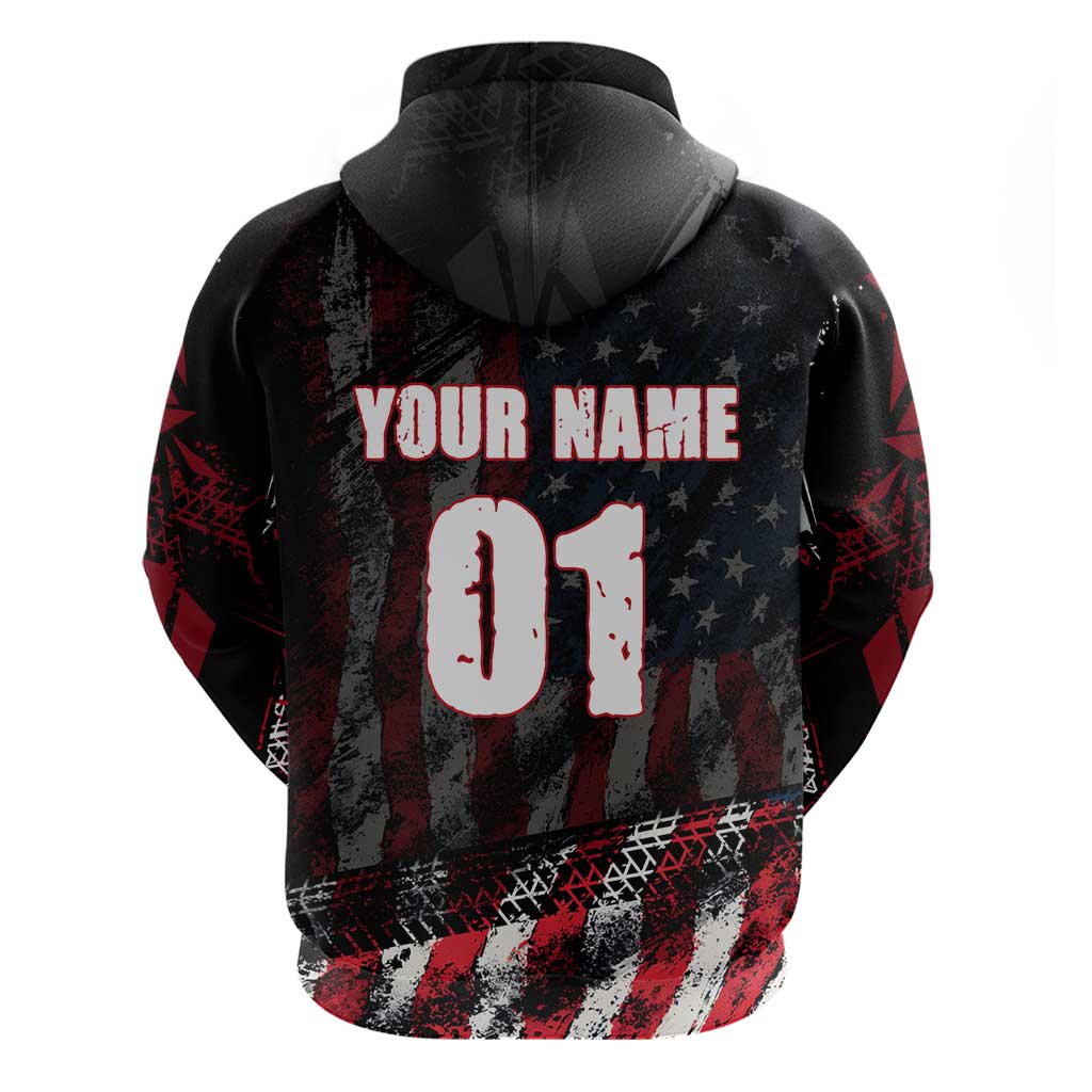 Motocross Rider Hoodie with American Flag Background and Extreme Text in Red and Black Grunge Design - Wonder Print Shop