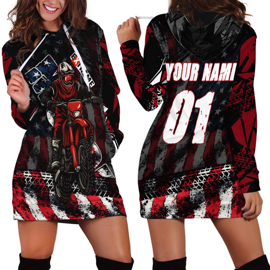 Motocross Rider Hoodie Dress with American Flag Background and Extreme Text in Red and Black Grunge Design - Wonder Print Shop