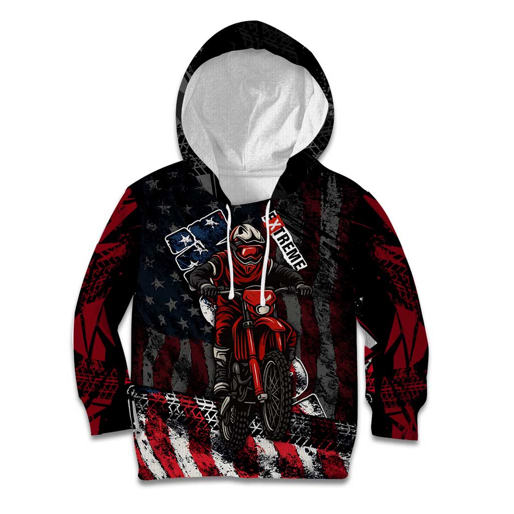 Motocross Rider Kid Hoodie with American Flag Background and Extreme Text in Red and Black Grunge Design - Wonder Print Shop