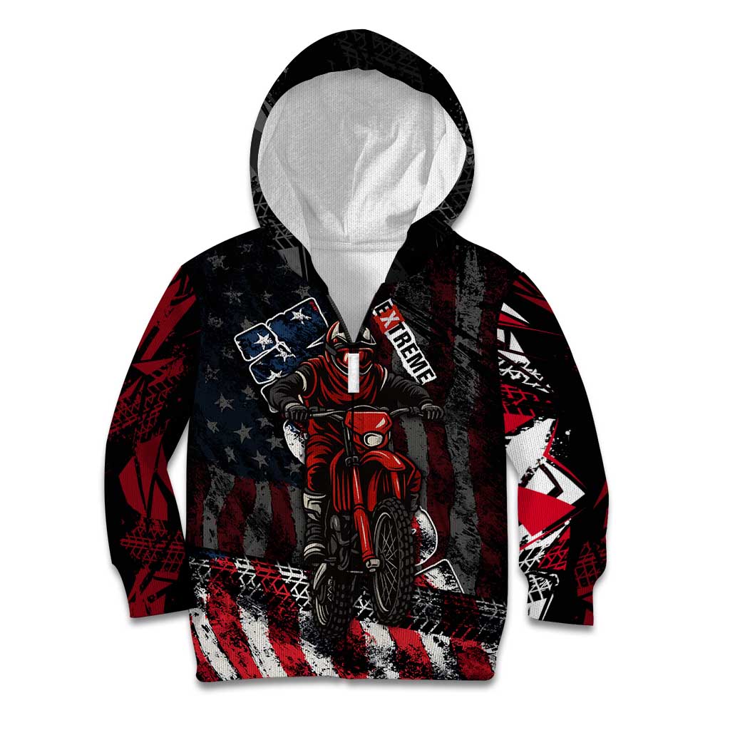 Motocross Rider Kid Hoodie with American Flag Background and Extreme Text in Red and Black Grunge Design - Wonder Print Shop