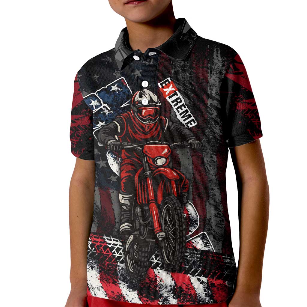 Motocross Rider Kid Polo Shirt with American Flag Background and Extreme Text in Red and Black Grunge Design - Wonder Print Shop