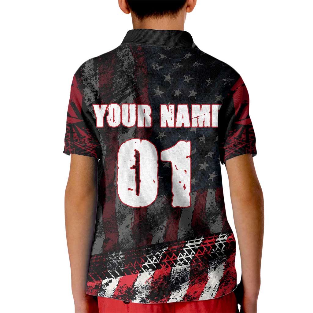 Motocross Rider Kid Polo Shirt with American Flag Background and Extreme Text in Red and Black Grunge Design - Wonder Print Shop