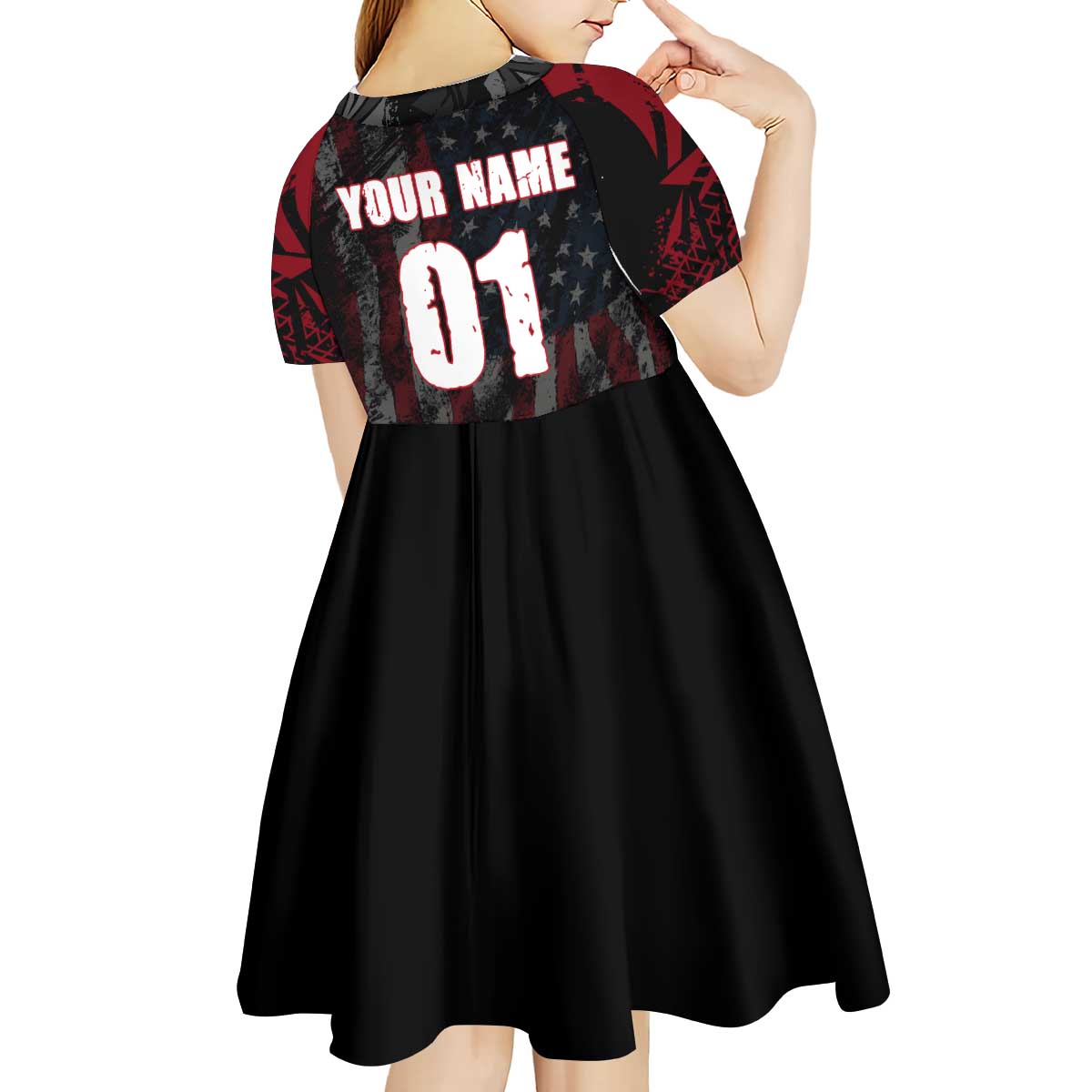 Motocross Rider Kid Short Sleeve Dress with American Flag Background and Extreme Text in Red and Black Grunge Design - Wonder Print Shop