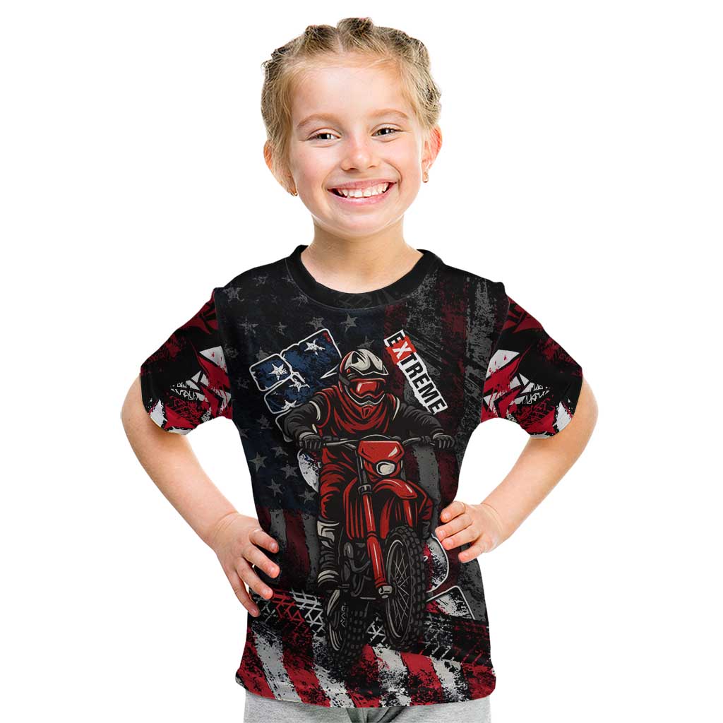 Motocross Rider Kid T Shirt with American Flag Background and Extreme Text in Red and Black Grunge Design - Wonder Print Shop