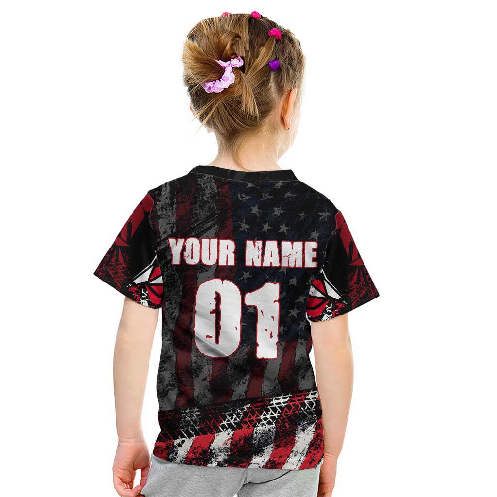Motocross Rider Kid T Shirt with American Flag Background and Extreme Text in Red and Black Grunge Design - Wonder Print Shop